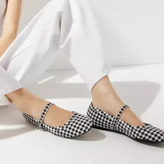 Cyflymder Luxury Designer Plaid Print Ballet Flats for Women Comfort Round Toe Buckle Soft Sole Mary Jane Shoes Elegant Banquet Party Shoe
