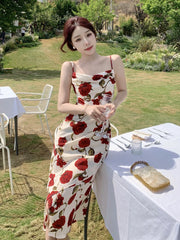 Cyflymder Vintage Slash Neck Spaghetti Strap Rose Floral Chiffon Midi Dress for Women Party Elegant Bodycon Beach Robe Vestidos Summer New