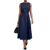 Cyflymder Women Elegant Sleeveless Long Dress Drawstring High Waist Crew Neck Casual Dress Office Lady Business Solid Color Party Dress