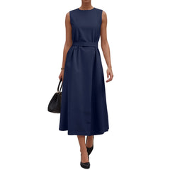 Cyflymder Women Elegant Sleeveless Long Dress Drawstring High Waist Crew Neck Casual Dress Office Lady Business Solid Color Party Dress