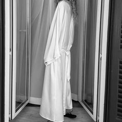 Cyflymder Elegant O-neck Tie-Up Solid Color Robe Dress Women Casual Long Sleeve Loose A-Line Dress Fashion Splicing Satin Long Party Dress