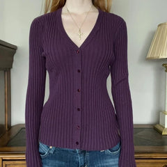 Cyflymder Women Y2K Purple V‑Neck Knit Cardigan Long Sleeve Ribbed Sweater Slim Fit Cropped Soft Stretchy Casual Fall Daily Basic Tops