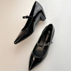 Cyflymder Woman Shoes Height Increase 7CM Pointed Head Shallow Mouth Shoes Women's Retro Style Patent Leather Thick Heel Mary Jane Shoes