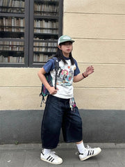 Cyflymder Summer Young Girl Curved Wide Leg Loose Denim Cropped Pants Women's Retro Calf-length Jeans Female High Waist Capris Pants