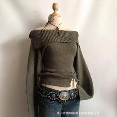 Cyflymder Vintage American Spice Women Off The Hsoulder Knitted Sweater Y2k Sexy Lrregular Split Drawstring Jumper Y2k Punk Pullover