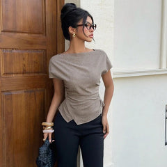 Cyflymder Cute Women's Slim Fit Pleating Waist Asymmetry Hem Short Sleeve T-Shirt – Boat Collar Crop Top Solid Color Casual Summer Wear