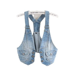 Cyflymder Women Vintage Vest Denim Jacket Cool Outerwear Slim Sleeveless Casual Jeans Waistcoats Single-breasted Female Short Denim Tops
