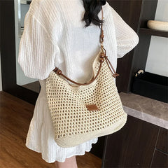 Cyflymder Vacation Woven Bag with Leather Round Shoulder Strap, Hollow Shoulder Bag, Summer Knitted Beach Bag for Women Work Travel Party