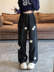Cyflymder Women's White Star Print Wide Leg Black Jeans Cool Girl Streetwear Fashion High Waist Pant Female Straight Design Trousers