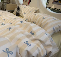 Cyflymder Romantic sweet cute bow stripe bedding set teen,twin full queen lovely simple cotton home textile sheet pillow case quilt cover