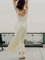 Cyflymder Female Fashion V-Neck Bow Decoration Side Zipper Chic Party Dress Women Summer Sexy Sleeveless Backless Solid Long Dress