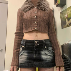 Cyflymder Autumn Winter American Vintage Detachable Fuxr Fur Collar Top Y2k American Knitted Buttons Sweatters Harajuku Punk Women Jumpers
