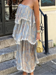 Cyflymder Bohemian Ruffles Floral Print Ruffles Evening Dress Casual Vacation Style Long Dress Fashion Irregular Patchwork Suspender Robe