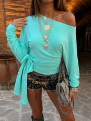 Cyflymder Y2k Temperament Slim-waist Bandage Solid Off Shoulder Skew Collar Long Sleeve Women's T-shirts