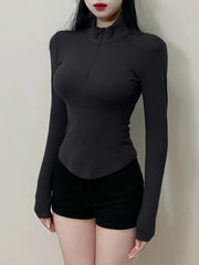 Cyflymder Spring Short Spicy Girl Slim Fit Long sleeved Top for Women's New Fat MM Large Waist Wrap Yoga T-shirt Bottom