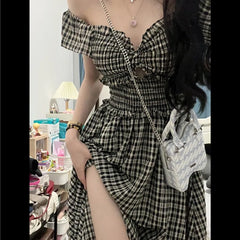 Cyflymder Summer Women's Camis Ruffles Plaid Striped Bow Slash Neck Pullover with Pleats Fashion Casual Elegant Office Lady Knee Dress