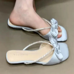 Cyflymder Bow Women Heeled Slippers Crystal Elegant Shoes for Woman Sandals Fashion Dress Flip Flops Walking Fashion Mujer De Zapatillas