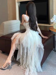 Cyflymder Fairycore Irregular Mesh Princess Dresses Summer High Waist Slim Ruffles Birthday Party Dress Elegant Fashion Vestidos