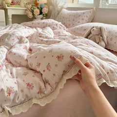 Cyflymder Korean Style Girly Heart Floral Double Layer Gauze Four-Piece Set Princess Style Lace Trim Quilt Cover Bed Sheet Dormitory