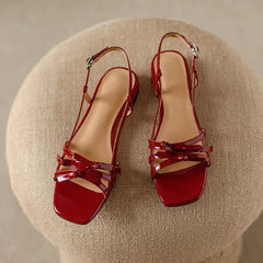 Cyflymder New Stunning Designer Square Toe Single Side Butterfly Red Sandals Summer New Low Heeled Women's Sandals
