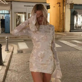 Cyflymder Sexy Backless Floral Mesh Mini Dress Women Elegant Flared Sleeve Bodycon Party Dresses Fashion Slim Fit Embroidered Short Dress