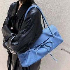 Cyflymder Sweet Cute Bow Underarm Bag Women Blue Leather Large Capacity Shoulder Bags Ladies Fashion Casual Commute Versatile Handbag Chic