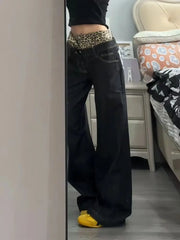 Cyflymder American Vintage High Waist Patchwork Jeans Women's Casual 2000s Pants Baggy Y2K Black Grunge Leopard Print Washed Denim Trouser