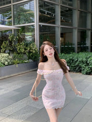 Cyflymder Mini Dresses Women Sexy Sweet Floral Slash Neck Off Shoulder Bow Lace Patchwork Vintage Elegant Dress Party Spring New