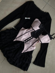 Cyflymder Y2k Aesthetic 3 Piece Sets Knitted Cropped Cardigan + Irregular Bow Print Vest + Fairy Grunge Cake Skirts Vintage Outfits Suit