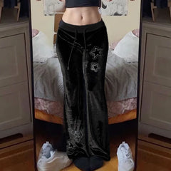 Cyflymder Euramerican Spice Woemn Star Hot Diamond Print Casual Pants Y2k Spliced Low Waist Drawstring Trousers Harajuku Velvet Flare Pant