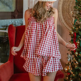 Cyflymder Women Gingham Two Piece Set Sleeveless Babydoll Tank Top and Plaid Shorts Pajama Set Sleepwear Y2k Summer Outfits