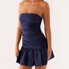 Cyflymder Fashion Women's Ruched Tube Top Dress Vintage Holiday Strapless Sleeveless Slim Fit Flare Dress Summer Clubbing Dress