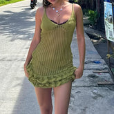 Cyflymder Green Pleated Hem Knit Mini Dress Sexy See Through Strap Bodycon Dresses Concert Outfits For Women Summer Vocation Robe