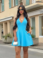 Cyflymder Women Summer Sexy V-Neck Sleeveless Backless Party Dress New Fashion Woman Solid Rear Zipper Pleated Short Dress Mujer