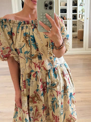 Cyflymder Printed Dress Summer New Style Women's Sexy Off Shoulder Bubble Sleeves Loose Robe French Elegant Long Evening Dresses
