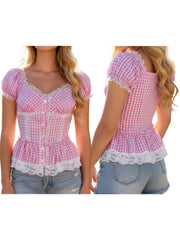 Cyflymder Stylish Women s Plaid T-shirts with Lace Trim V Neck Design and Fit for Summer Short Sleeve Trendy Tops