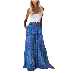 Cyflymder Ladies’ Fashion Bohemian Flower Printing Elastic Waist Pleated Skirt Loose Casual Vintage High Waist Tie A-Line Long Skirt