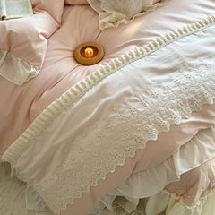 Cyflymder 4Pcs Pink Lace Ruffles Sweet Girl Bedding Set Pure Cotton Queen King Size Duvet Cover Bed Sheet Or Quilted Bedspread Pillowcase