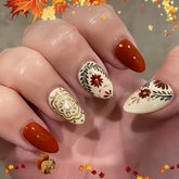 Cyflymder 24Pcs Golden Stripe Design Fake Nails Red Flower Grass Wearable Press on False Nails Art Mid-length Almond Full Cover Nails Tips