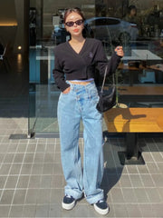 Cyflymder High Waist Asymmetric Two Button Vintage Straight Leg Wide Leg Casual Jeans Women's Chic Spring New Sle Casual Loose Fit