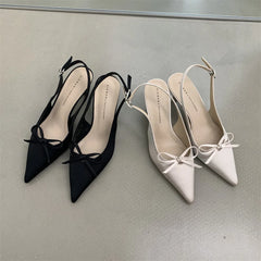 Cyflymder Pointed Heel Sandals Black Shoes for Women 2025 Summer Beige High Comfort Girls Bow Elastic Band Closed Stiletto Low New Fashi