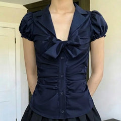 Cyflymder Temperament Preppy Style Bow V Neck Puff Short Sleeve Women's Blouse Y2k Aesthetic Harajuku Pleated Casual Shirts Spice Clothes