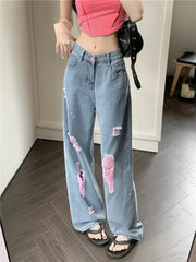 Cyflymder Hot Girl Torn Jeans Women's Summer High Waisted Pink Ripped Loose Draped Demin Wide Leg Pants Fashion Casual Female Clothes