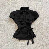 Cyflymder New High Street Temperament Turn Down Collar T Shirts American Vintage Lrregular Lace Up Punk Women Clothes Y2k Thin Blouse