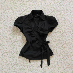 Cyflymder New High Street Temperament Turn Down Collar T Shirts American Vintage Lrregular Lace Up Punk Women Clothes Y2k Thin Blouse
