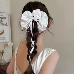 Cyflymder 1PC White Satin Bow Scrunchie, Large Elegant Hair Tie With Long Ribbon, Romantic Bridal-Style Hair Accessory For Women