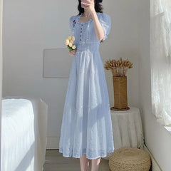 Cyflymder Lace Embroidery Puff Sleeve Party Dresses Women Summer Vintage High Waist A-line Long Dress Fairy Elegant Beach Robe