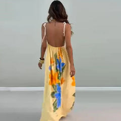 Cyflymder Sexy Off Shoulder Crochet Hollow Suspender Dress Fashion Sleeveless Hollow Beach Long Dress Elegant Backless Printed Swing Dress