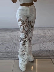 Cyflymder Retro Lace Patchwork Women Blue Denim Pants High Waist Wide Leg Baggy Jeans Chic Y2k Fashion Casual Elegant High Street Trousers