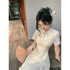 Cyflymder Autumn Chinese Style Women Dress Women Beige Tassel Straps Improved Modern Cheongsam Elegant Evening Dress Vestidos Chinos